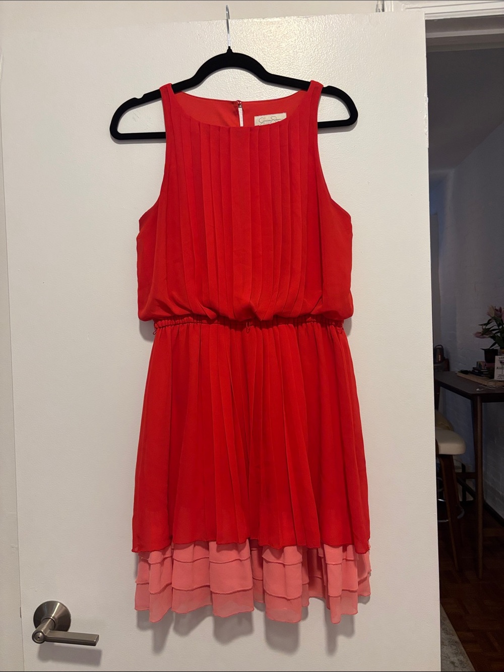 Red Sleeveless Pleated Dress with Pink Layered Hem